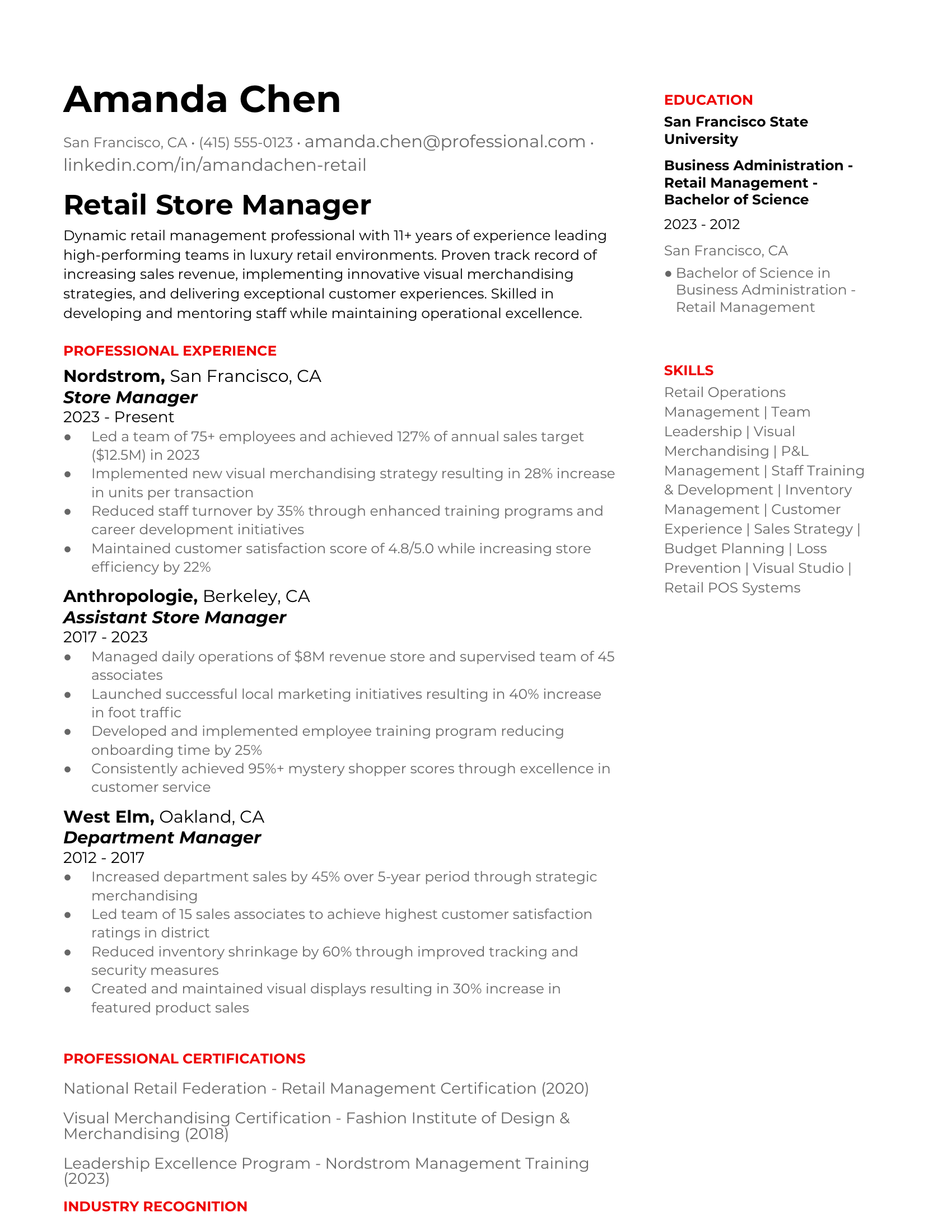 Retail Store Manager in Retail Resume Examples & Tips for 2025 Careerday — free download